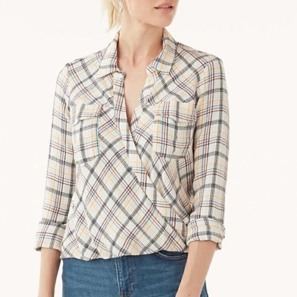 Splendid Driftwood Plaid Flannel Surplice Top